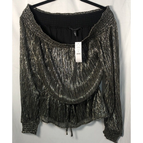 White House Black Market Sweaters - NWT WHBM Women Black/Gold/Silver Shimmer Metallic Off The Shoulder Top - Size S‎
